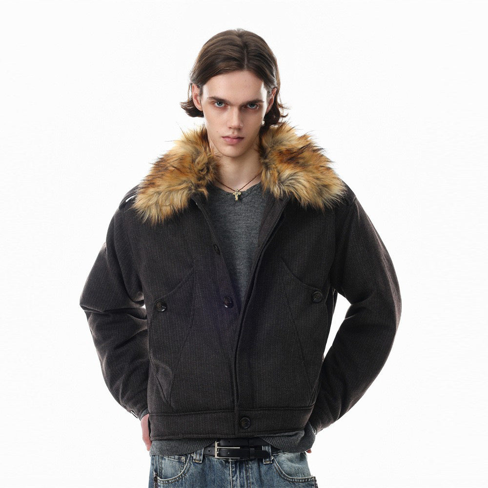 Men's Oversized Cotton Jacket with Detachable Faux Fur Collar