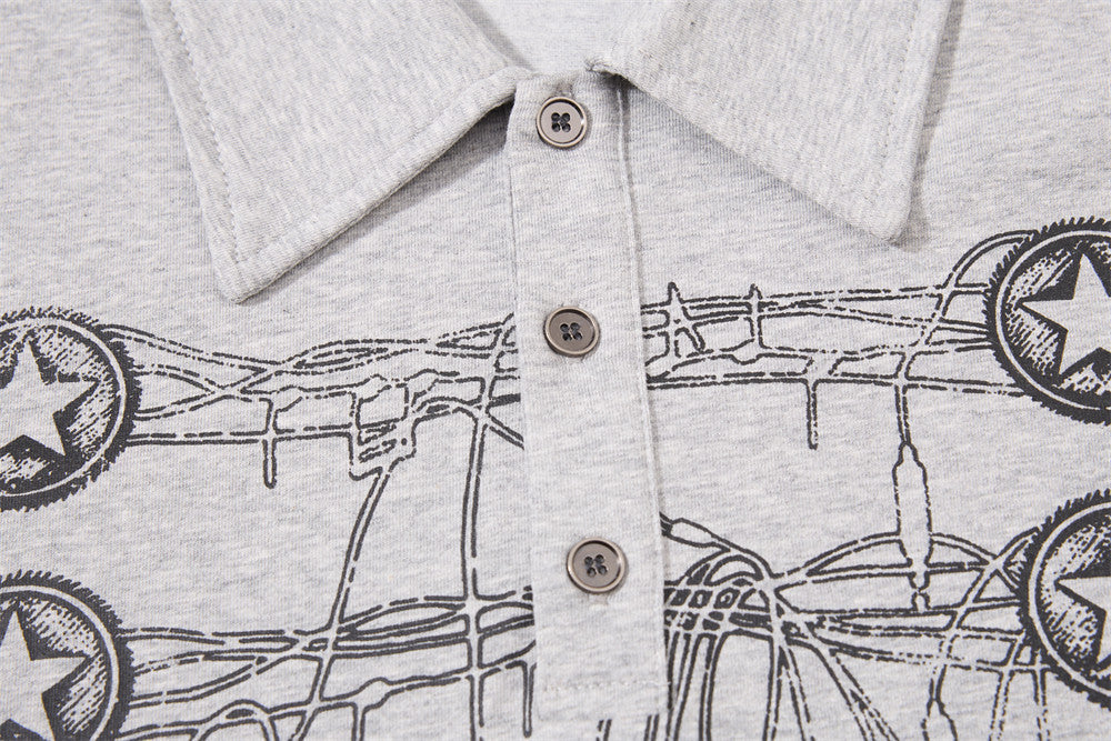 Long Sleeve Polo Shirt with Graffiti Star Print