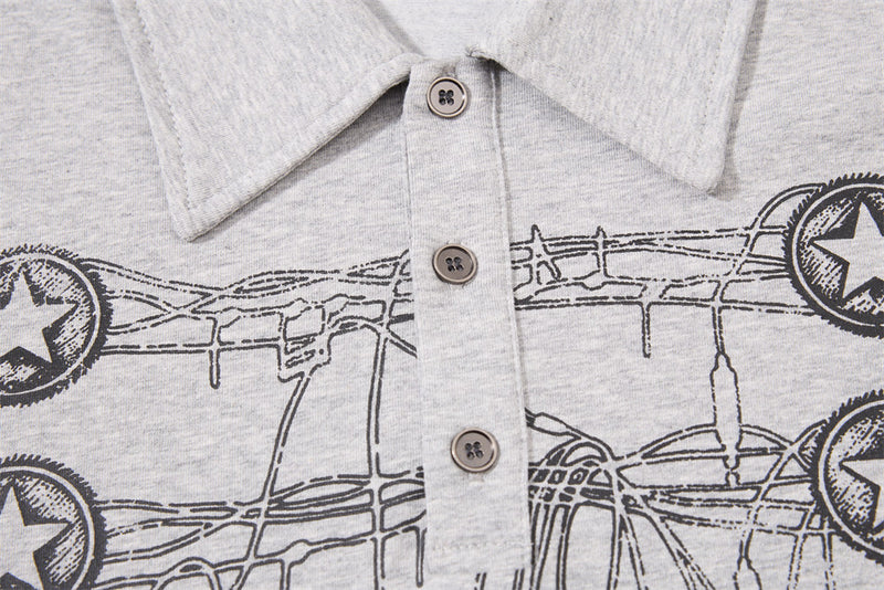 Long Sleeve Polo Shirt with Graffiti Star Print