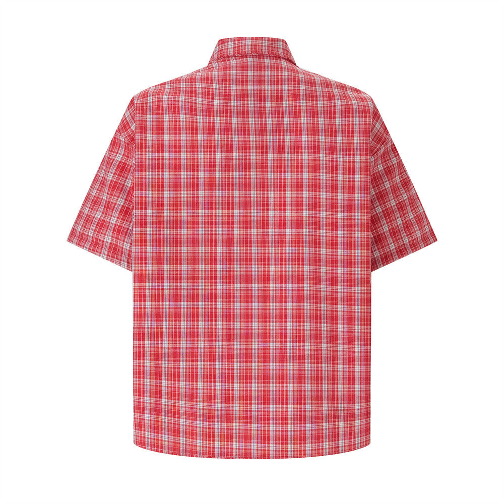 Oversized Plaid Short-Sleeve Shirt with Pearl Star Embroidery