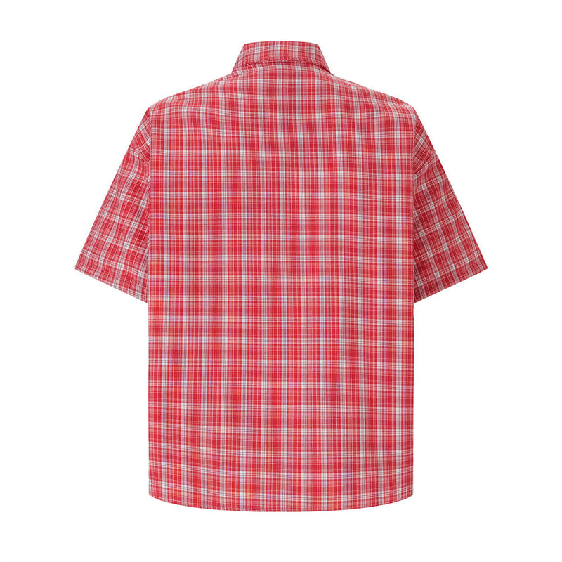 Oversized Plaid Short-Sleeve Shirt with Pearl Star Embroidery