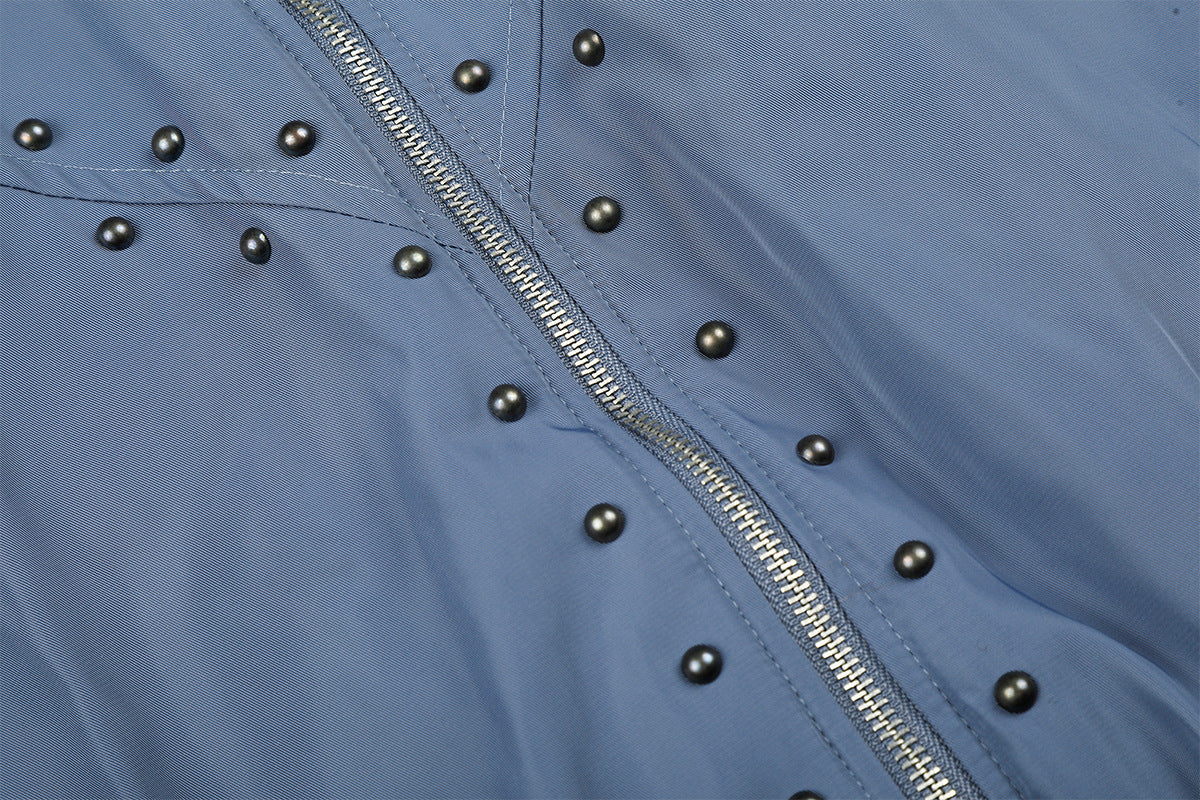 Studded Puffer Bomber Jacket with Faux Fur Hood