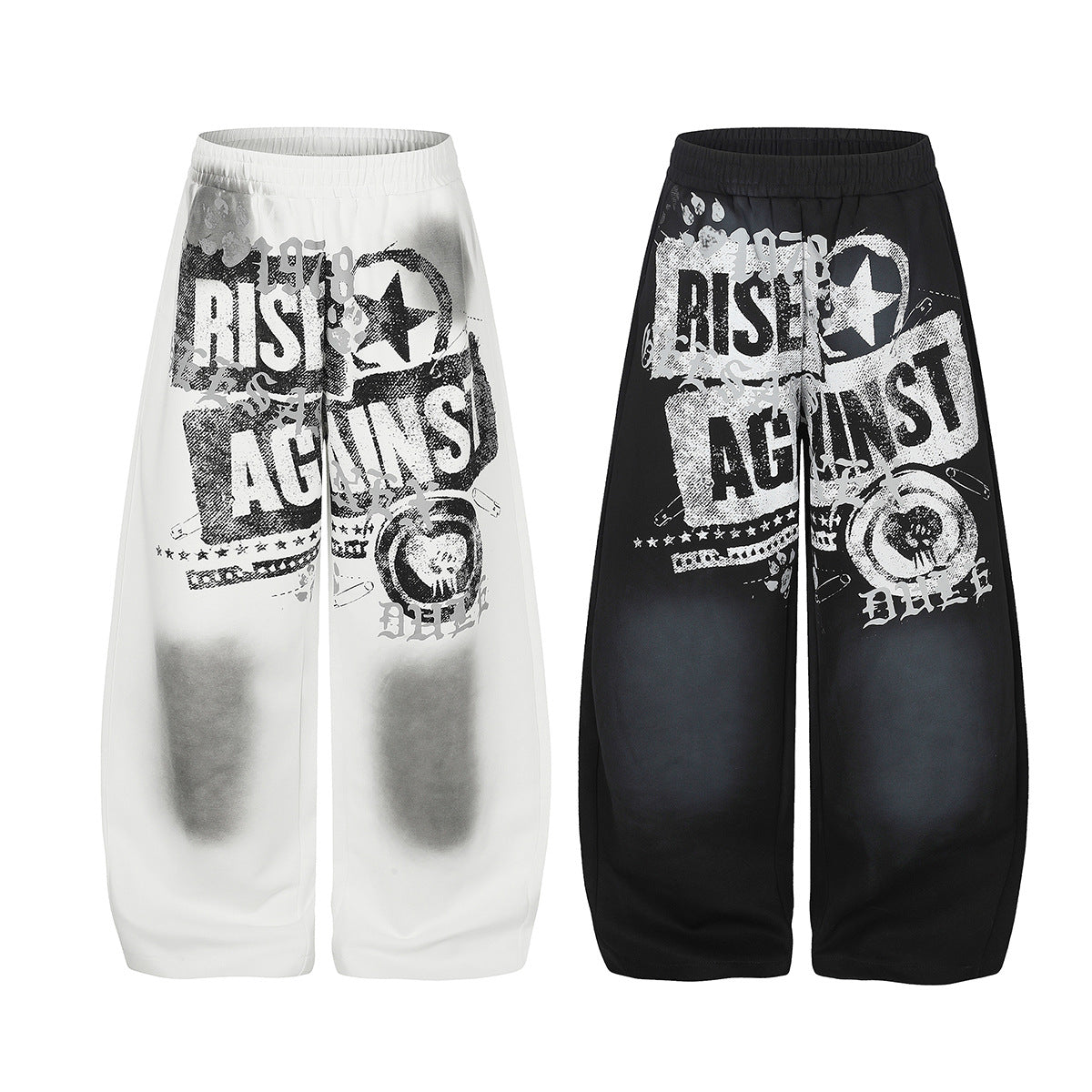 Wide-Leg Graphic Sweatpants – Rise Against Print, Washed Streetwear Baggy Fit