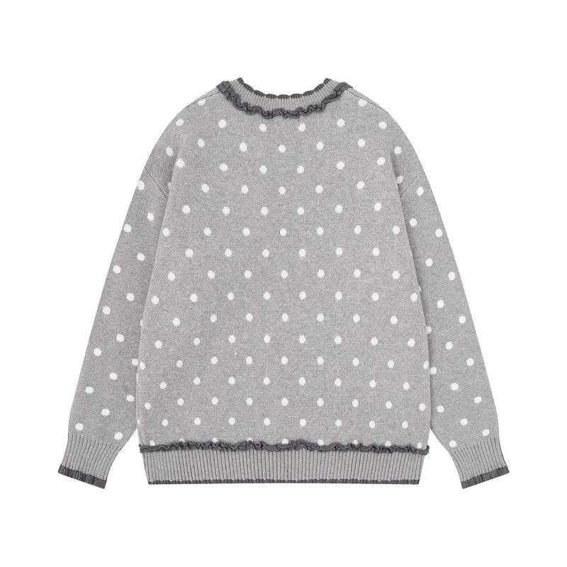 Anime Girl Jacquard Knit Sweater with 3D Angel Wing Patch & Polka Dot Print