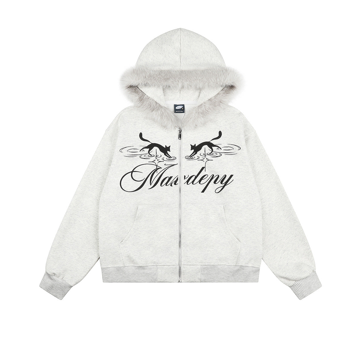 Sweat à capuche zippé gris chiné avec motif de chat noir en miroir et capuche bordée de fausse fourrure, vues de face et de dos