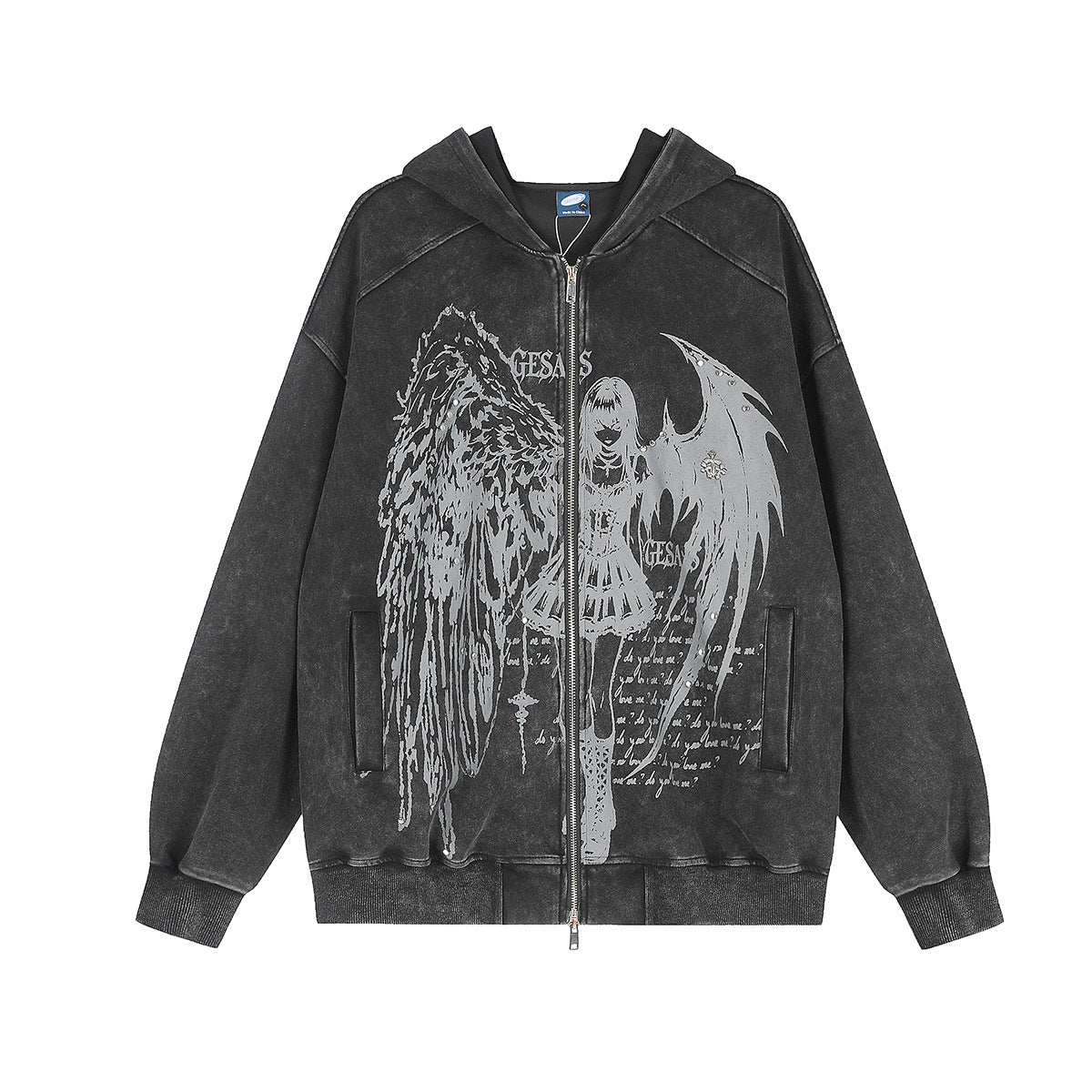 Oversized acid-wash zip-up hoodie with anime angel and demon wing graphic print on the front, shown in charcoal black