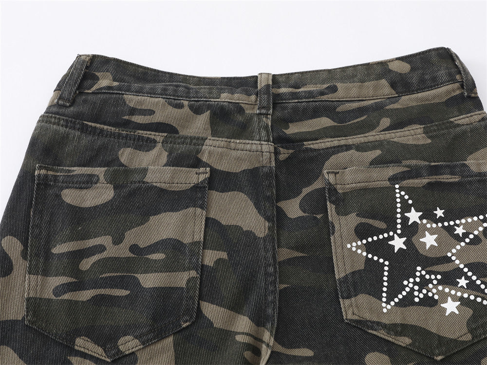 Jean flare homme camouflage avec imprimé étoiles et lettres – Denim bell-bottom streetwear
