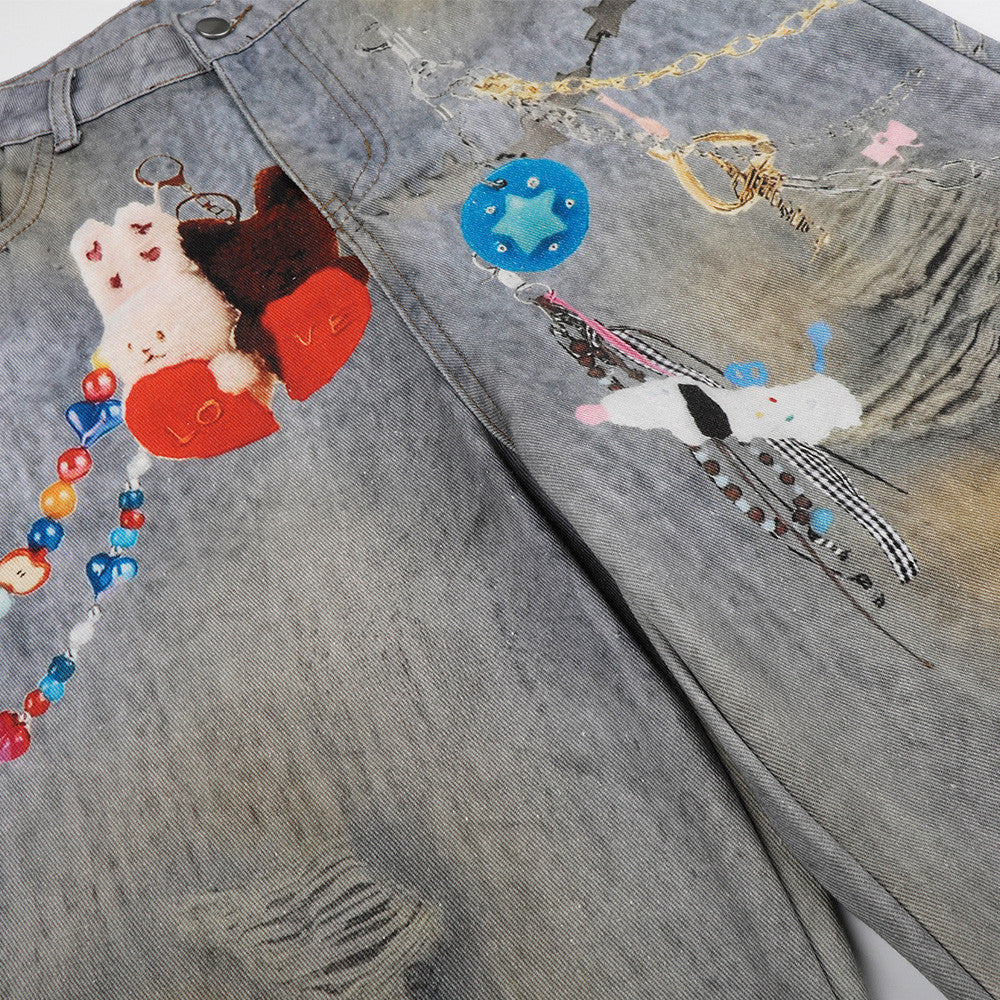 Wide-Leg Distressed Jeans – Digital Print Charms & Ripped Washed Denim