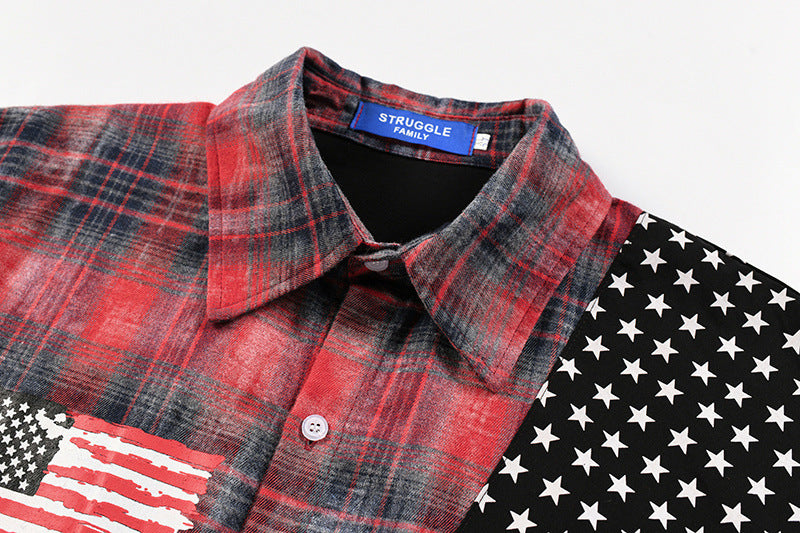 Washed Plaid Long Sleeve Shirt with American Flag Patchwork – Oversized