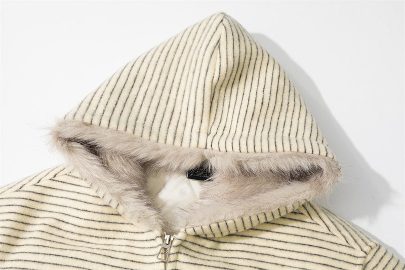 Striped Faux-Fur Hood Bomber Jacket – Double-Breasted Oversized Winter Coat