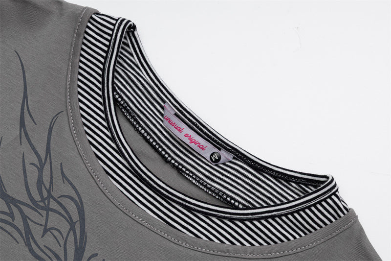 T-shirt graphique gris pour homme – Manches rayées superposées, imprimé tribal et manches longues