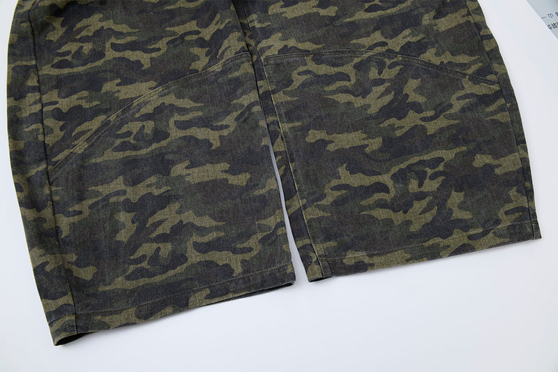 Camo Wide-Leg Balloon Pants – High-Waist Layered Faux Two-Piece with Cross Patch
