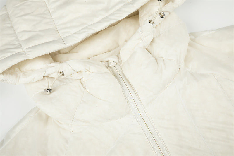 Men's Hooded Puffer Jacket – Irregular Quilted Stitch Design, Ivory & Black