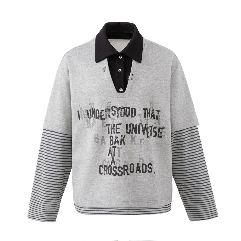Oversized Faux Two-Piece Polo Sweatshirt with Striped Sleeves and Letter Graphic