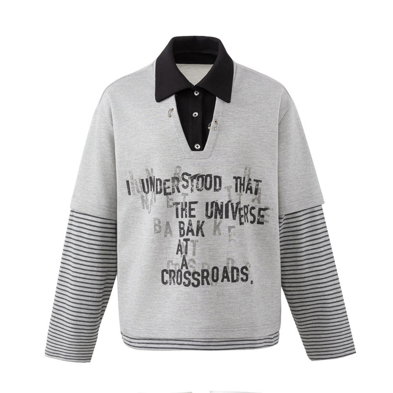 Oversized Faux Two-Piece Polo Sweatshirt with Striped Sleeves and Letter Graphic