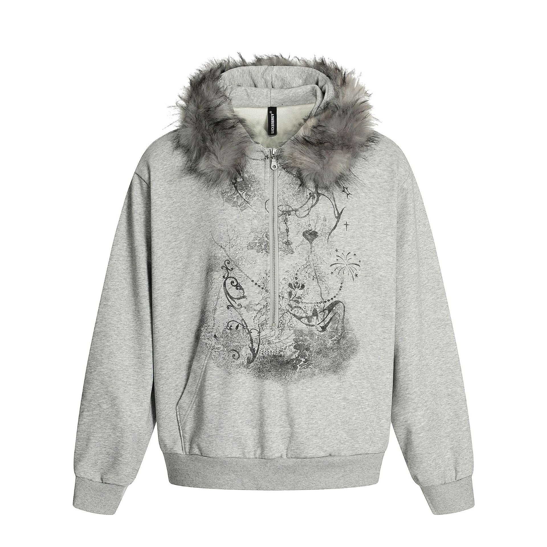 Faux Fur Trim Half-Zip Hoodie with Gothic Floral Graphic Print