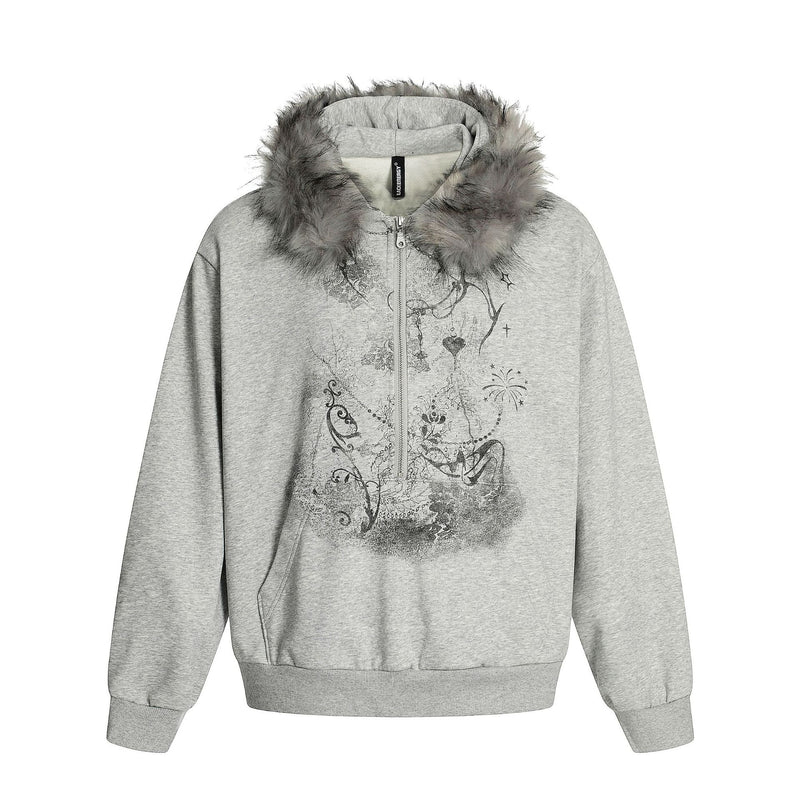 Faux Fur Trim Half-Zip Hoodie with Gothic Floral Graphic Print