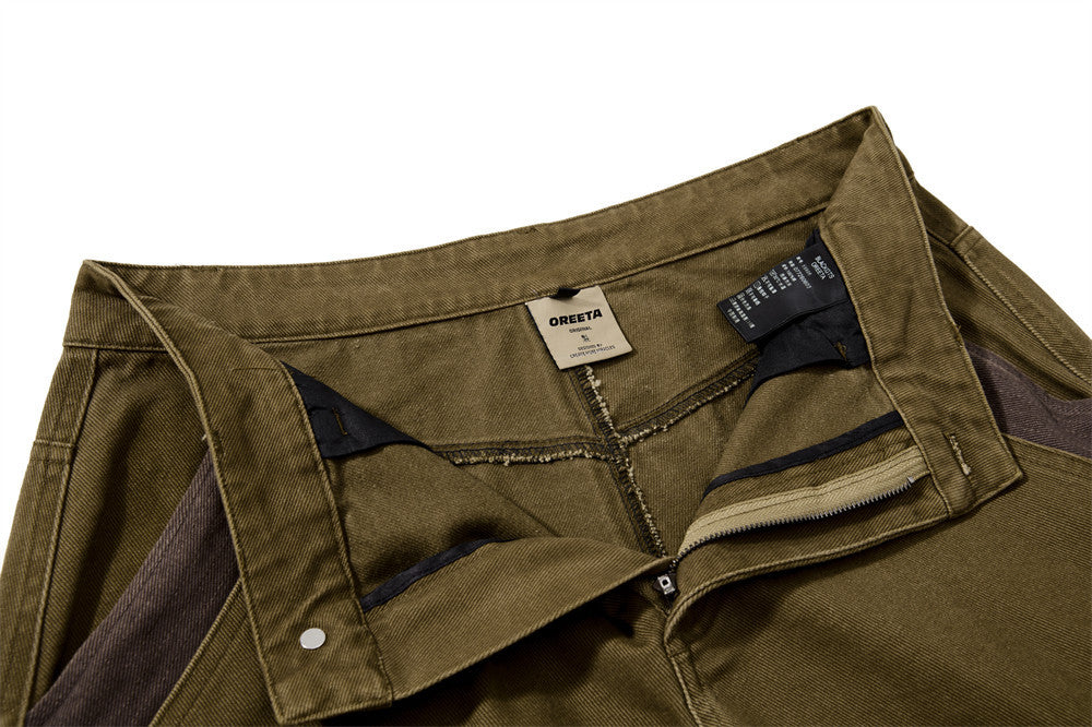 Wide-Leg Cargo Pants with Multi-Pocket Contrast Panel Design