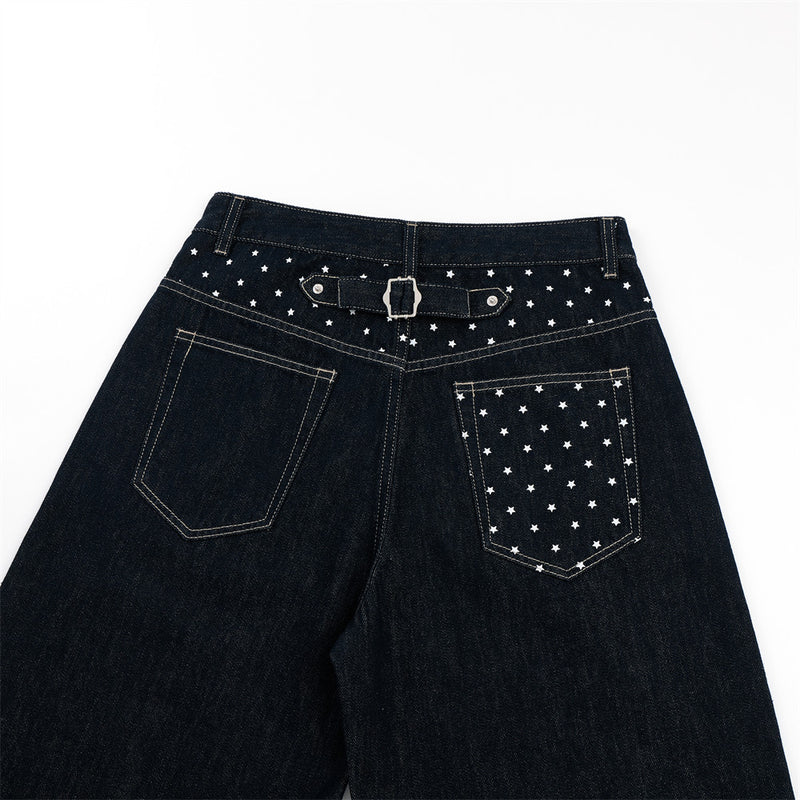 Jean homme wide leg délavé foncé avec détail de broderie étoile