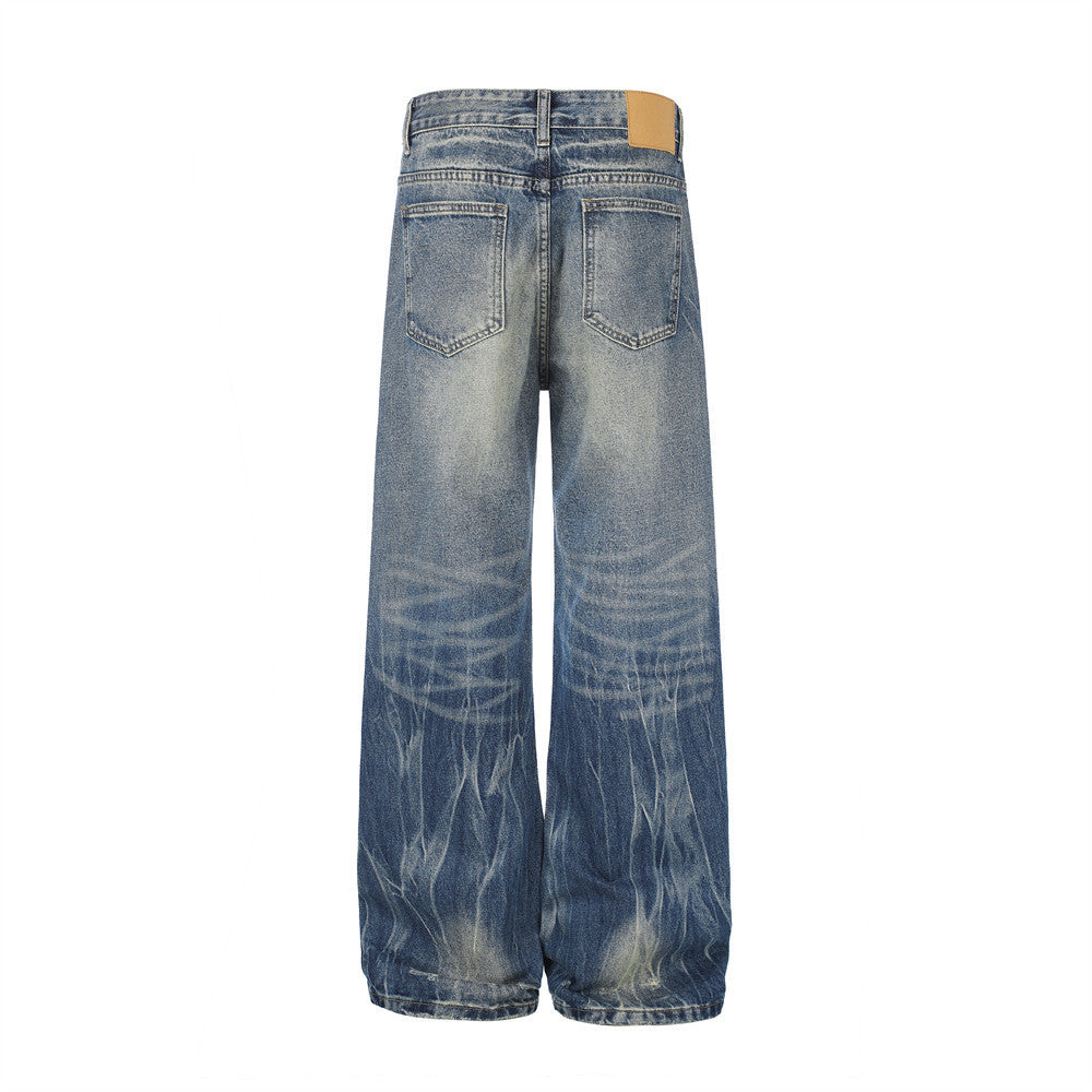 Jeans délavés usés à jambes larges – Denim vintage punk délavé pour homme