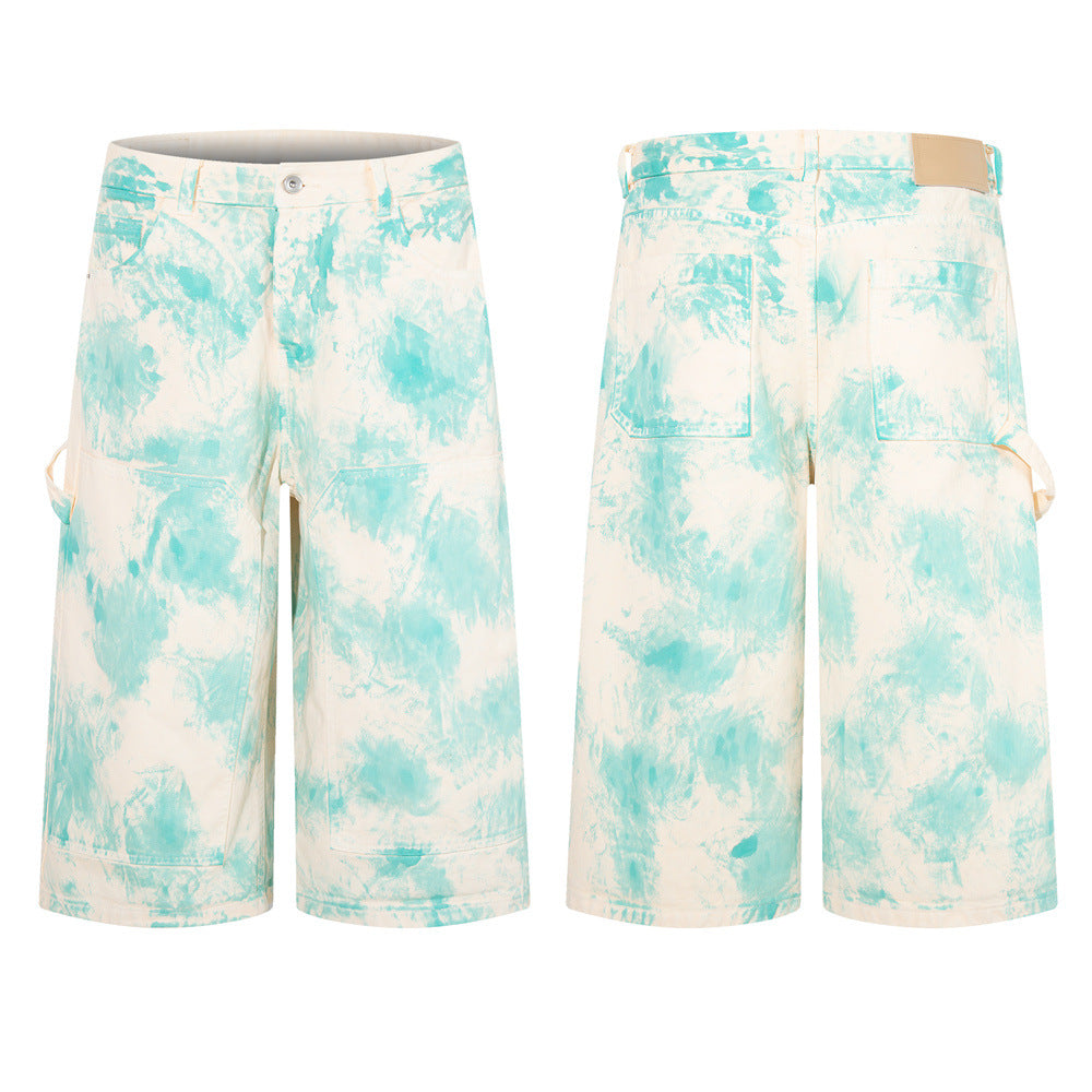 Tie-Dye Wide-Leg Denim Shorts – Loose Fit Cargo-Style Cropped Jeans