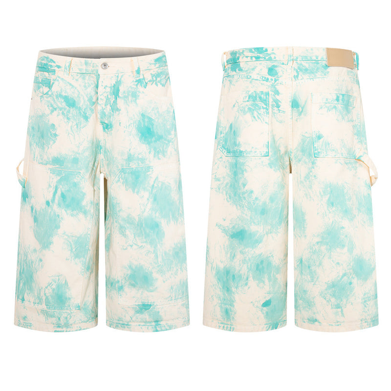 Tie-Dye Wide-Leg Denim Shorts – Loose Fit Cargo-Style Cropped Jeans