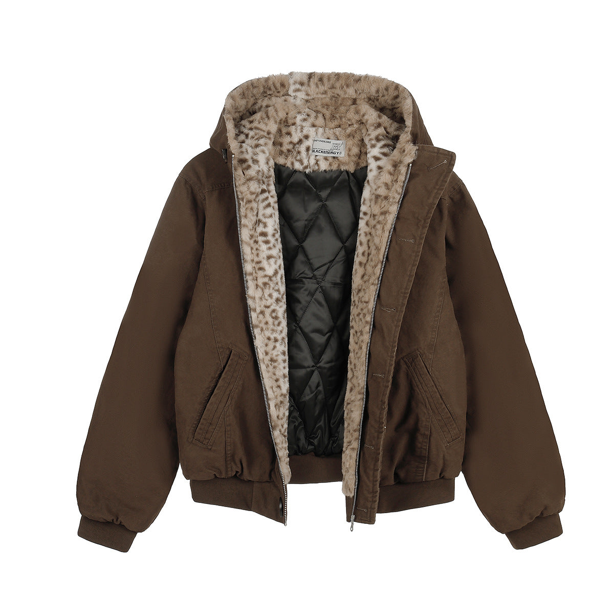 Hooded Bomber Jacket with Faux Leopard Fur-Lined Hood – Relaxed Fit Winter