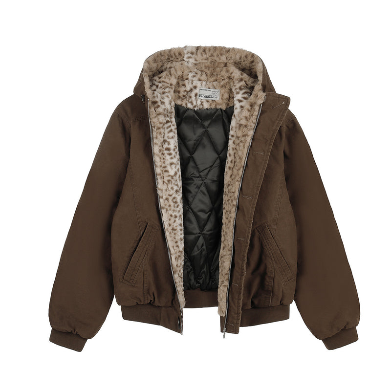 Hooded Bomber Jacket with Faux Leopard Fur-Lined Hood – Relaxed Fit Winter