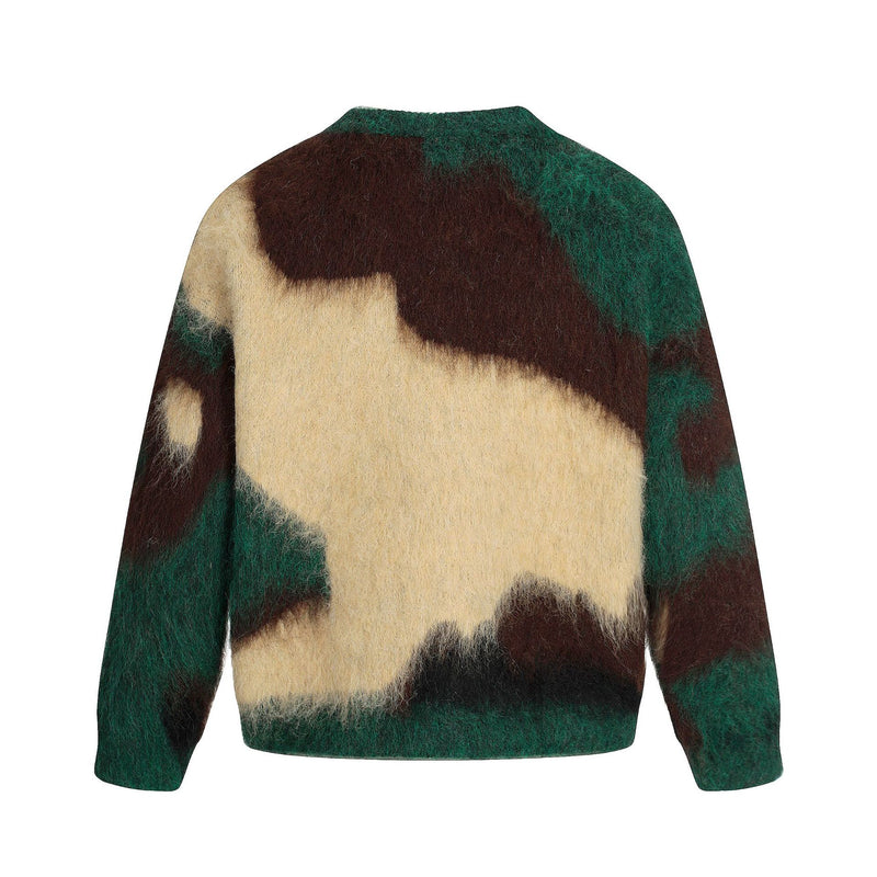 Men's Camo Print Fuzzy Mohair-Style Knit Sweater – Crew Neck