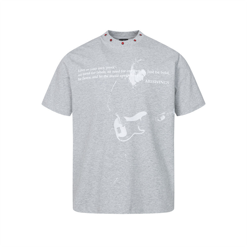ARESWINGS Punk Guitarist Graphic T-Shirt with Red Studded Collar
