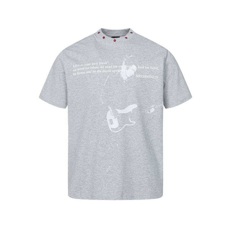 ARESWINGS Punk Guitarist Graphic T-Shirt with Red Studded Collar