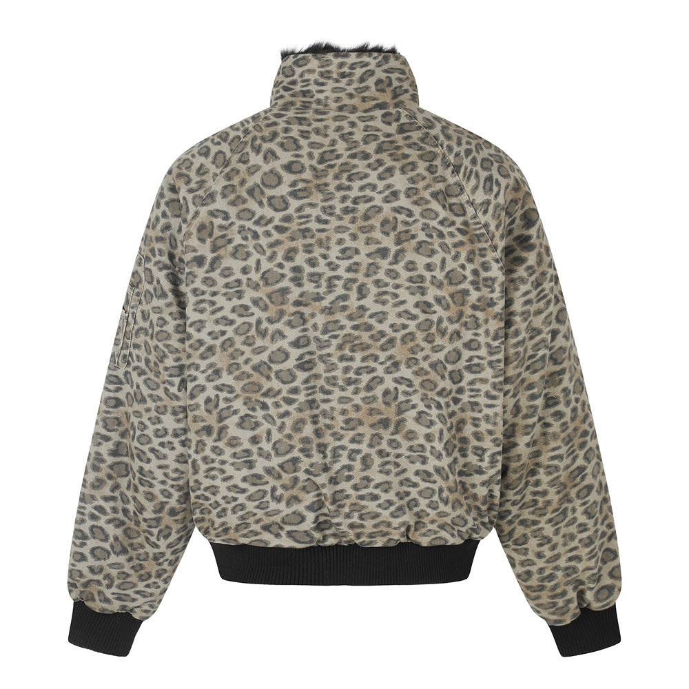 Reversible Faux Fur Leopard Print Bomber Jacket – Men's Oversized Stand Collar