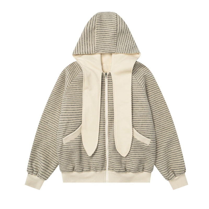 Sudadera con capucha y cremallera de rayas con orejas de conejo — Cárdigan reversible de doble cara