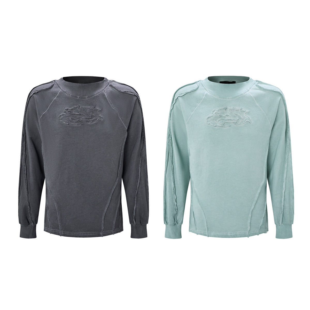 Verwaschenes Vintage-Sweatshirt mit geprägtem Drachen, Langarm – Raw-Edge-Moto-Crewneck
