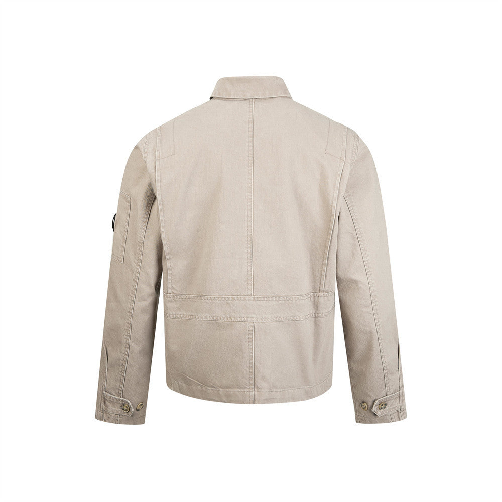 Men Zip-Up Jacket with Multi-Pocket Design – Vintage Washed Workwear Overshirt