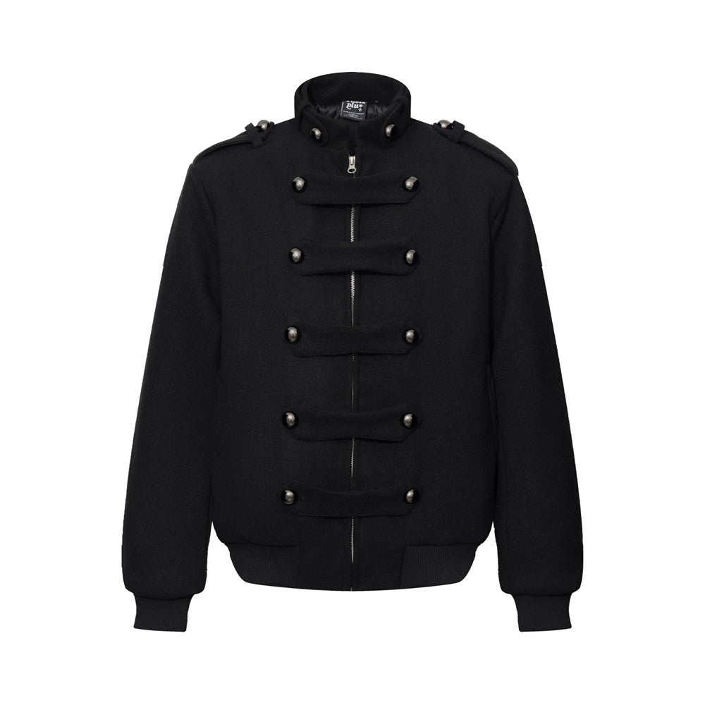 Men's Military-Style Stand Collar Padded Jacket with Double-Breasted Button