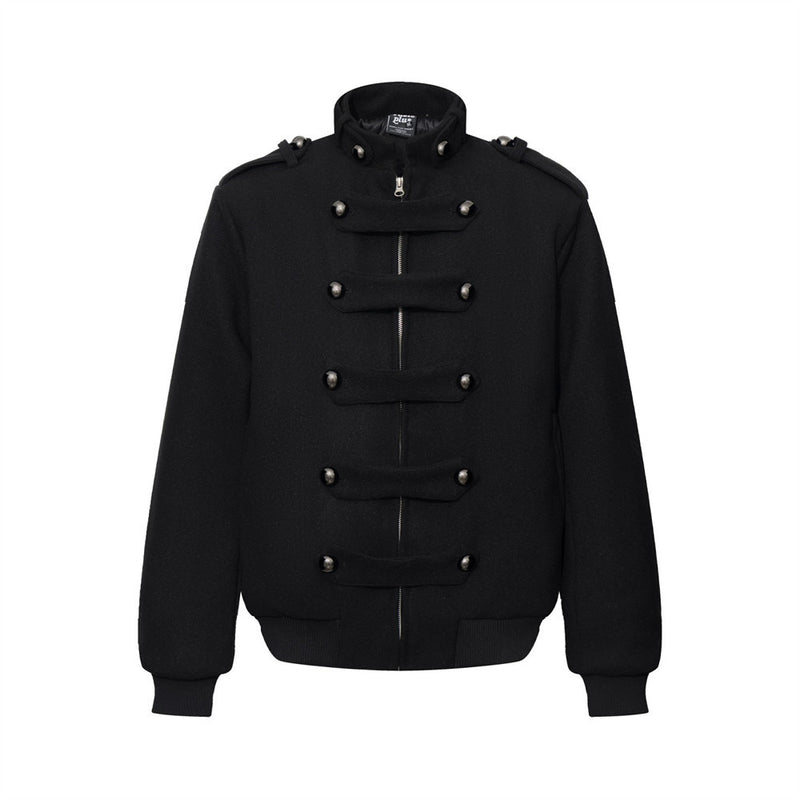Men's Military-Style Stand Collar Padded Jacket with Double-Breasted Button