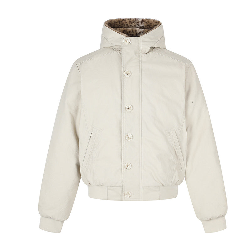 Hooded Bomber Jacket with Faux Leopard Fur-Lined Hood – Relaxed Fit Winter