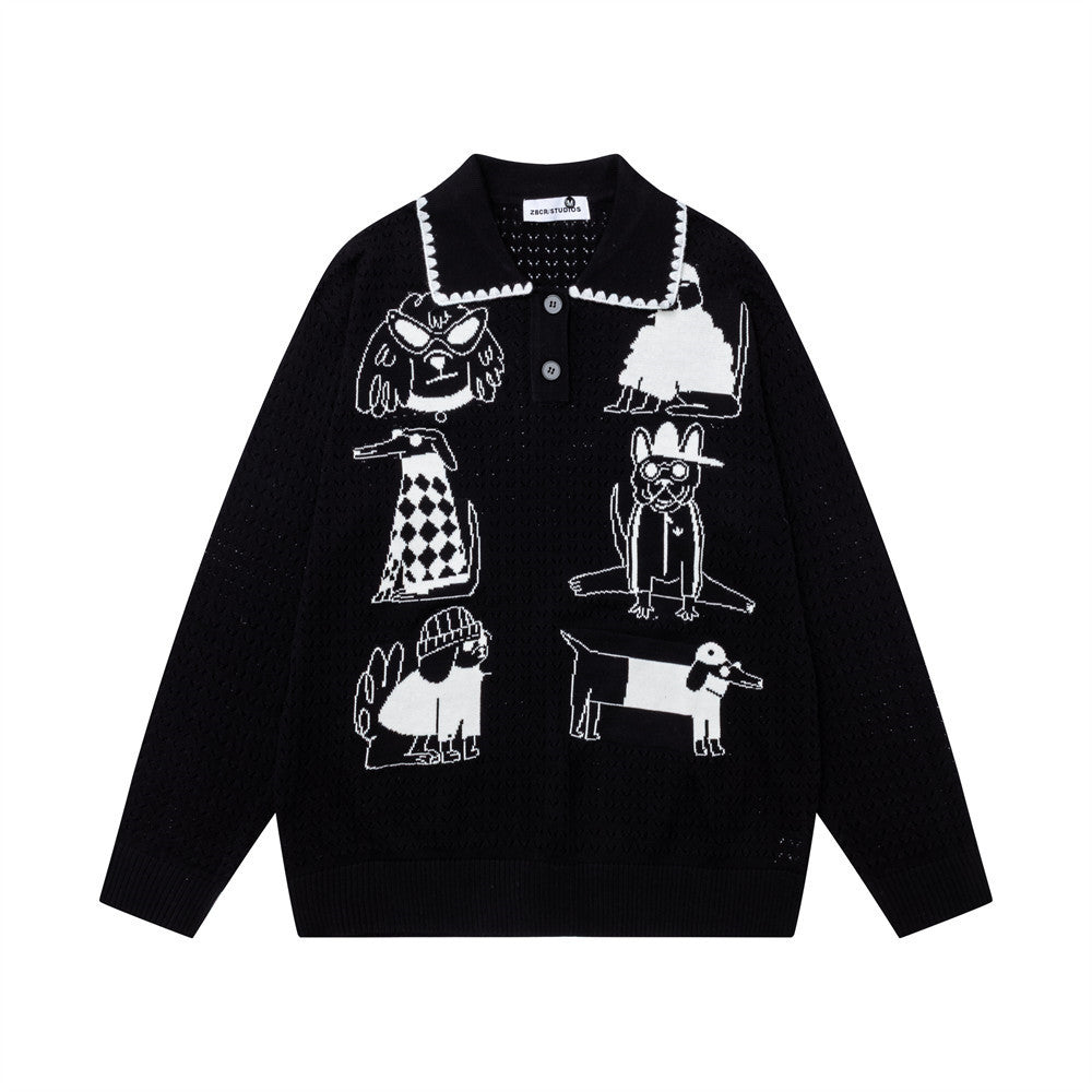 Jersey de punto jacquard oversize con perro de dibujos animados, cuello de polo y seis divertidos personajes caninos en negro