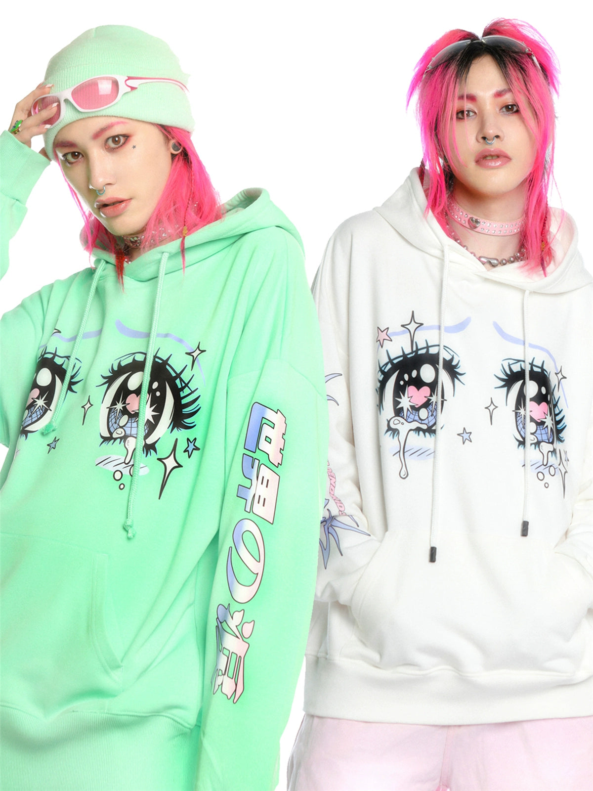 Kawaii Aesthetic Crying Eyes Hoodie – Pastel &amp; Dark Anime Pullover with Sleeve Graphics