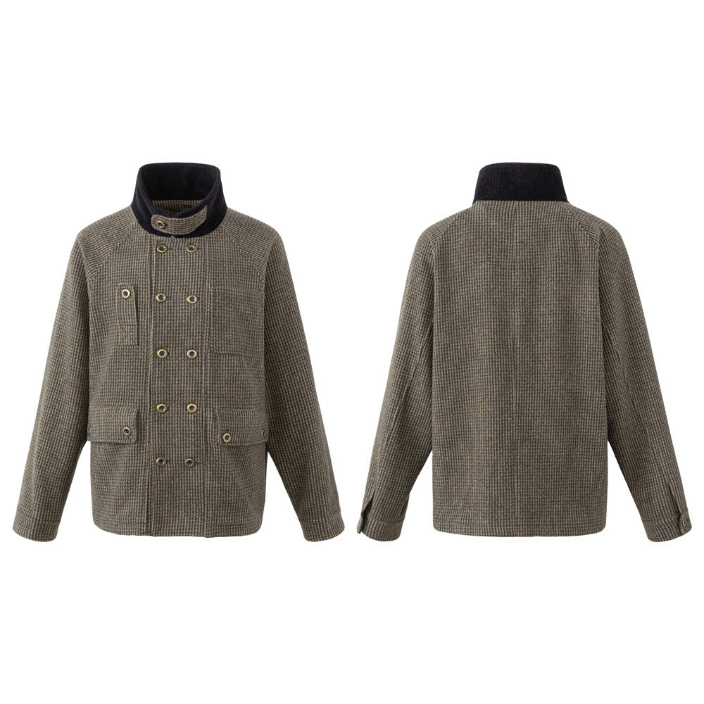 Men's Houndstooth Tweed Jacket – Stand Collar, Multi-Pocket Workwear Coat