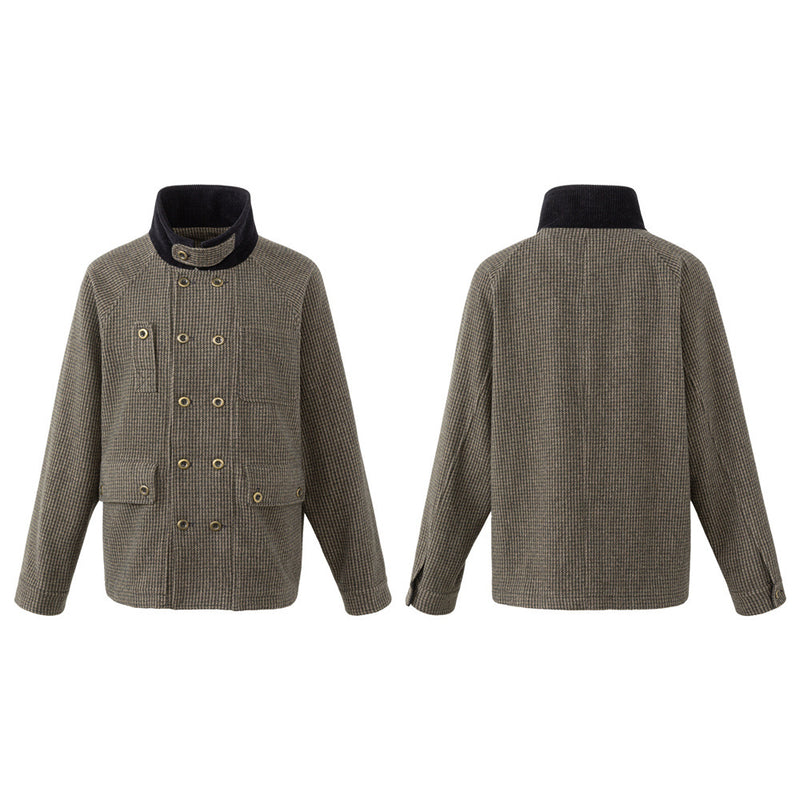 Men's Houndstooth Tweed Jacket – Stand Collar, Multi-Pocket Workwear Coat