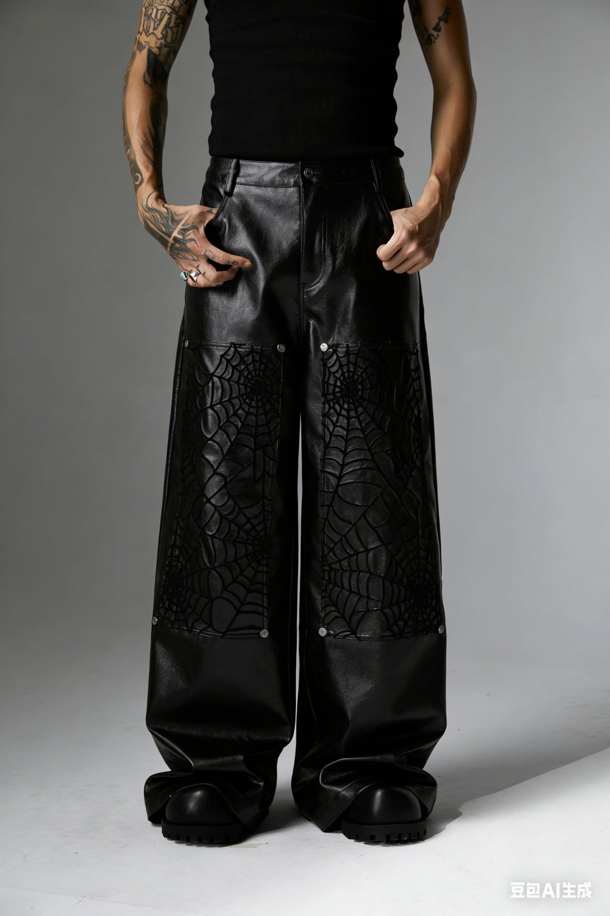 Wide-Leg Faux Leather Pants with Spiderweb Embossed Panels