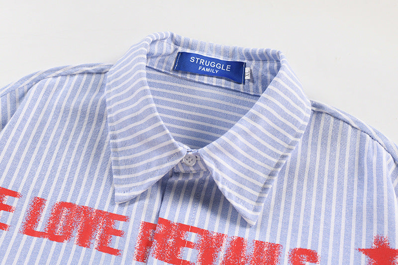Graphic Button-Up Shirt – Hip-Hop Letter Print Vertical Stripe Long Sleeve