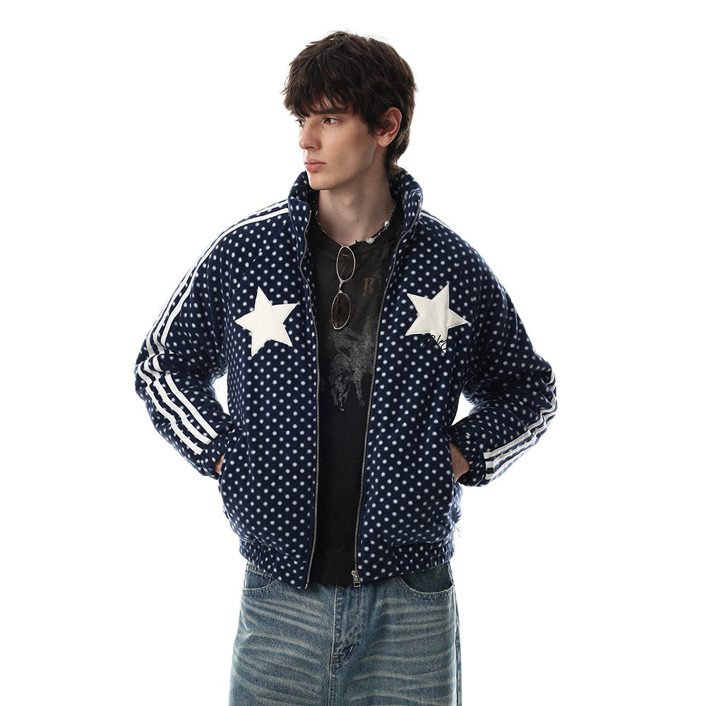 Men's navy polka dot padded track jacket with white star chest patches and triple stripe sleeves, front and back view