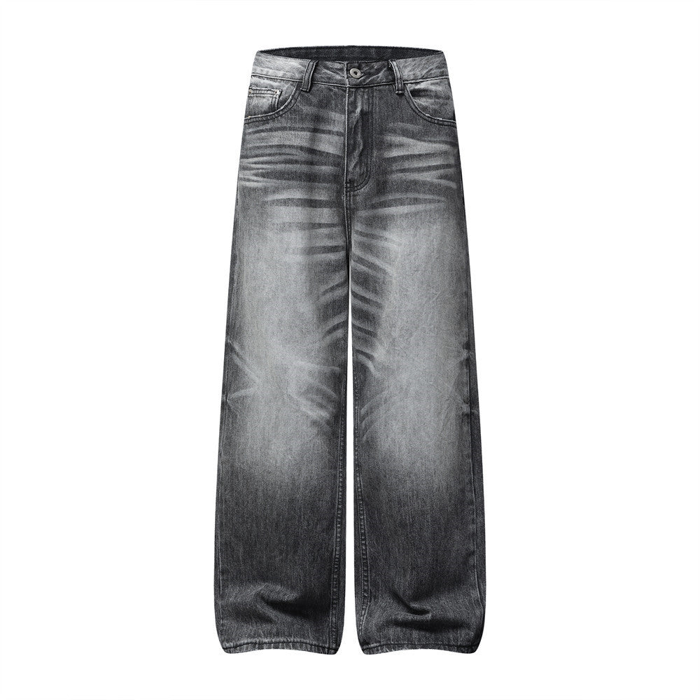 Wide-Leg Jeans Men's Washed Grey Vintage Distressed Baggy Denim Pants