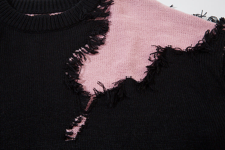 Pull en maille color block effet usé – Pull oversize à franges, style high-street