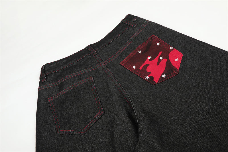 Wide-Leg Barrel Jeans – Men's High-Street Curved Silhouette with Red Stitching