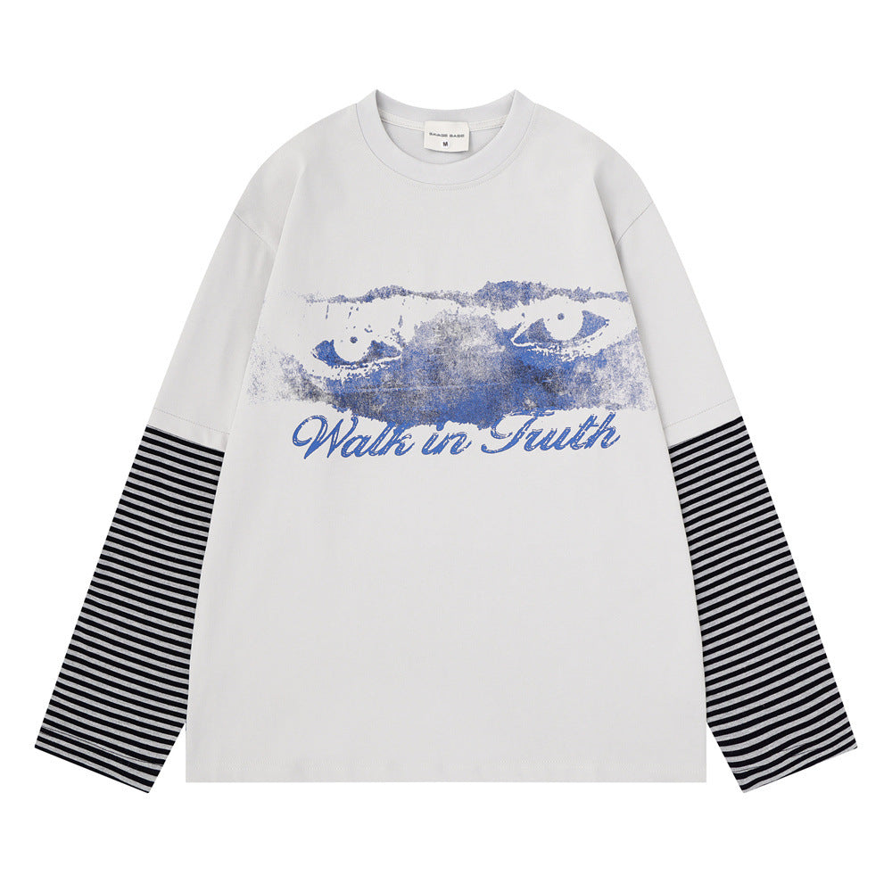 T-shirt homme à manches longues – Imprimé yeux, effet deux-en-un et manches rayées