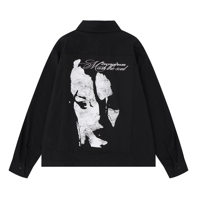 Abstract Face Print Long Sleeve Shirt – Oversized Relaxed Fit Button-Up